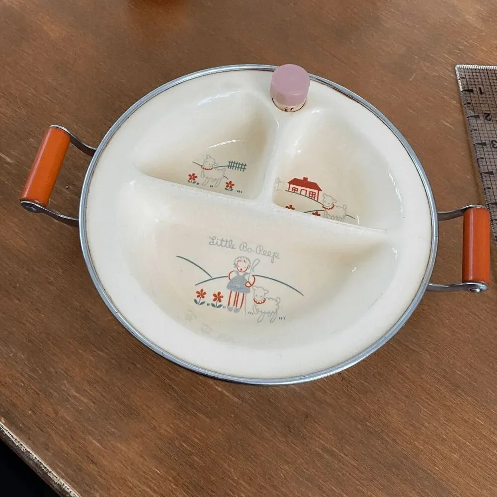 Vintage Little Bo Peep Baby Warming Dish with Chromium Handles, 1940s